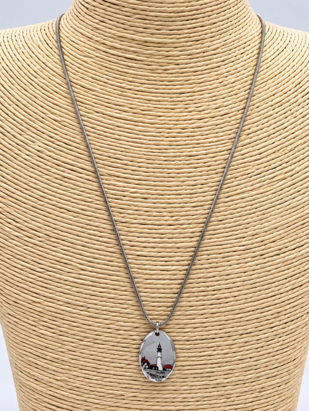 Genuine Pewter Lighthouse Pendant Necklace Silver Tone Nautical Jewelry